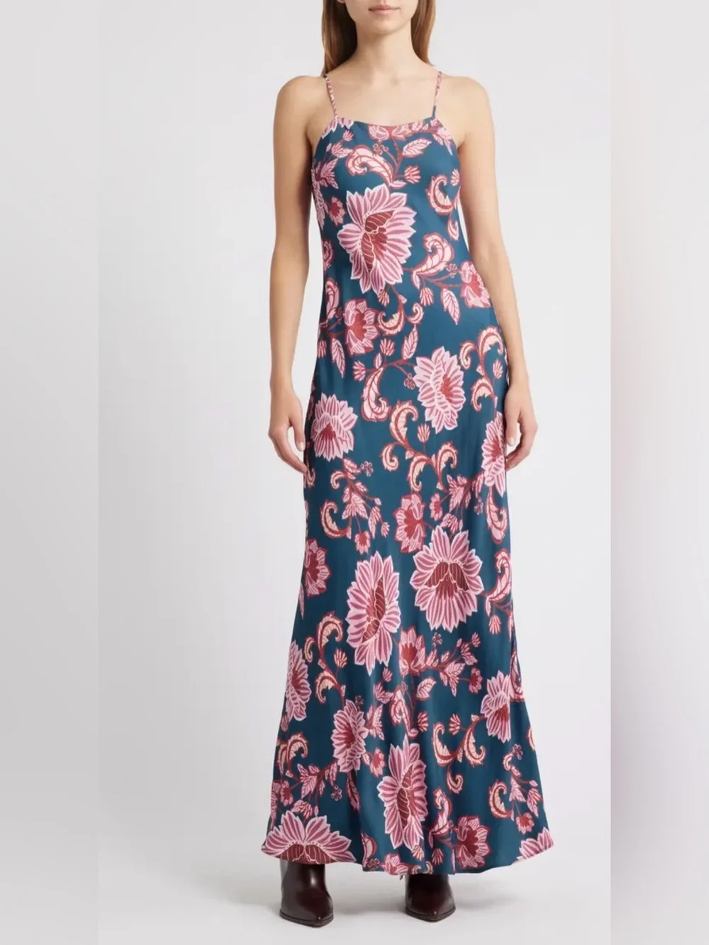 FARM Rio Teal Maxi Dress with Pink Floral Print - Picture 1 of 8